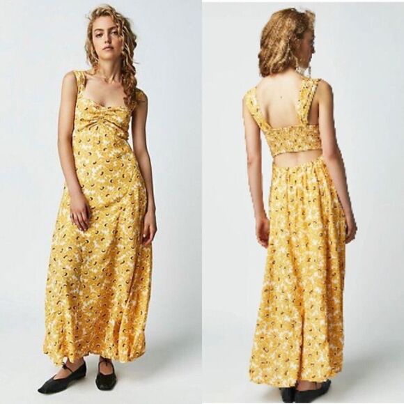 Free People Rosalee Midi Dress Yellow floral rose print sun summer Size L - NWOT - Picture 1 of 11